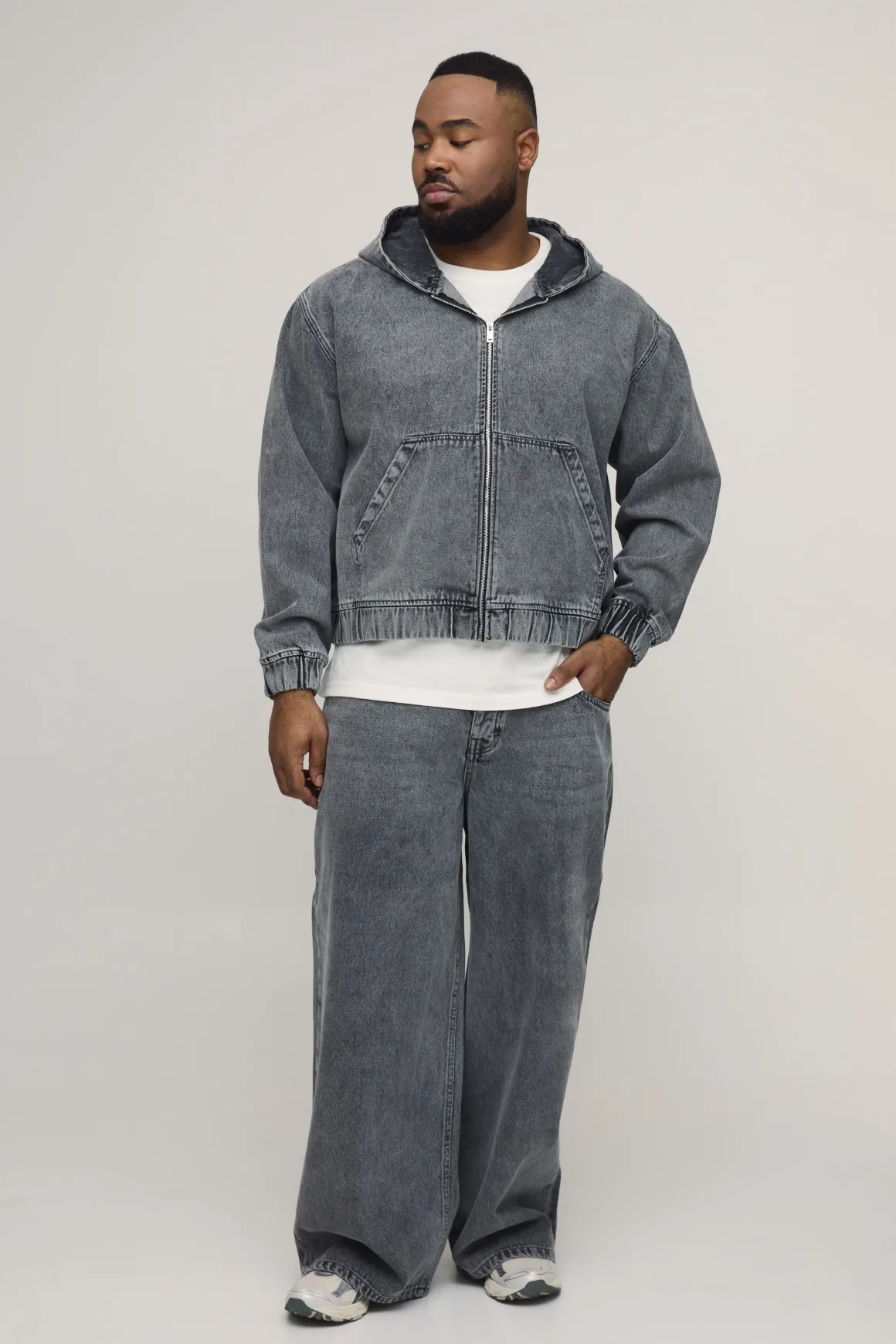 Sweat À Casynthétiqueche Zippé En Denim Délavé Grande Taille