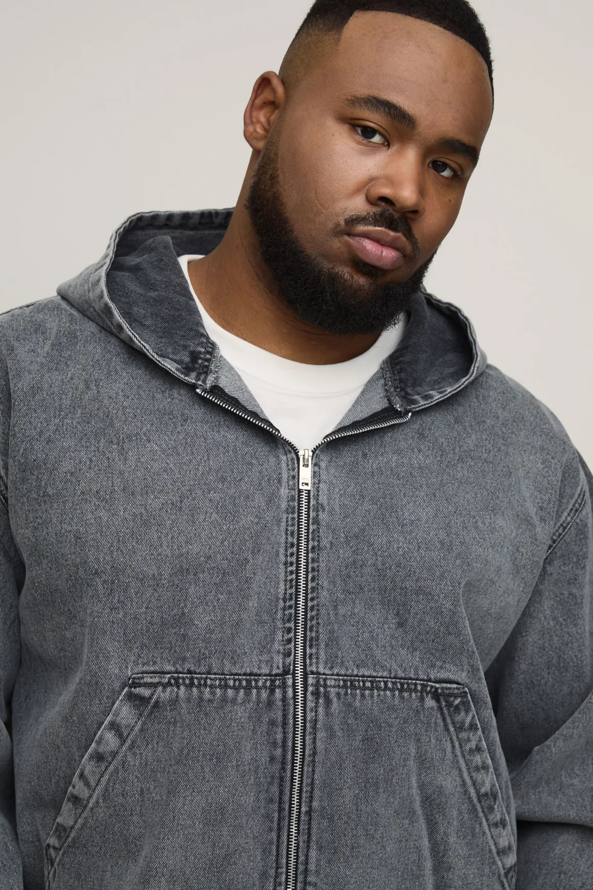 Sweat À Casynthétiqueche Zippé En Denim Délavé Grande Taille