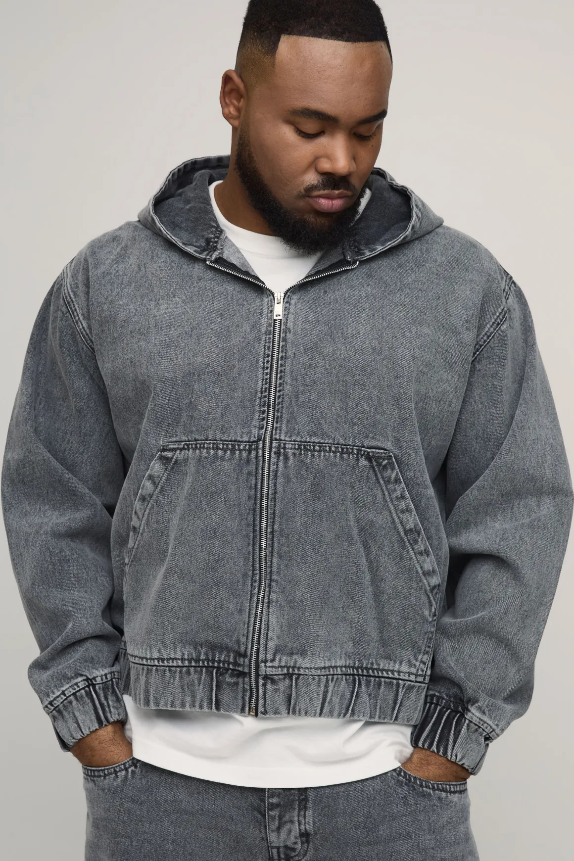 Sweat À Casynthétiqueche Zippé En Denim Délavé Grande Taille
