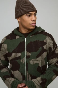 Sweat à Casynthétiqueche Zippé en Maille Côtelée Jacquard Camouflage Coupe Boxy