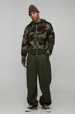 Sweat à Casynthétiqueche Zippé en Maille Côtelée Jacquard Camouflage Coupe Boxy