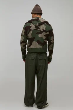 Sweat à Casynthétiqueche Zippé en Maille Côtelée Jacquard Camouflage Coupe Boxy