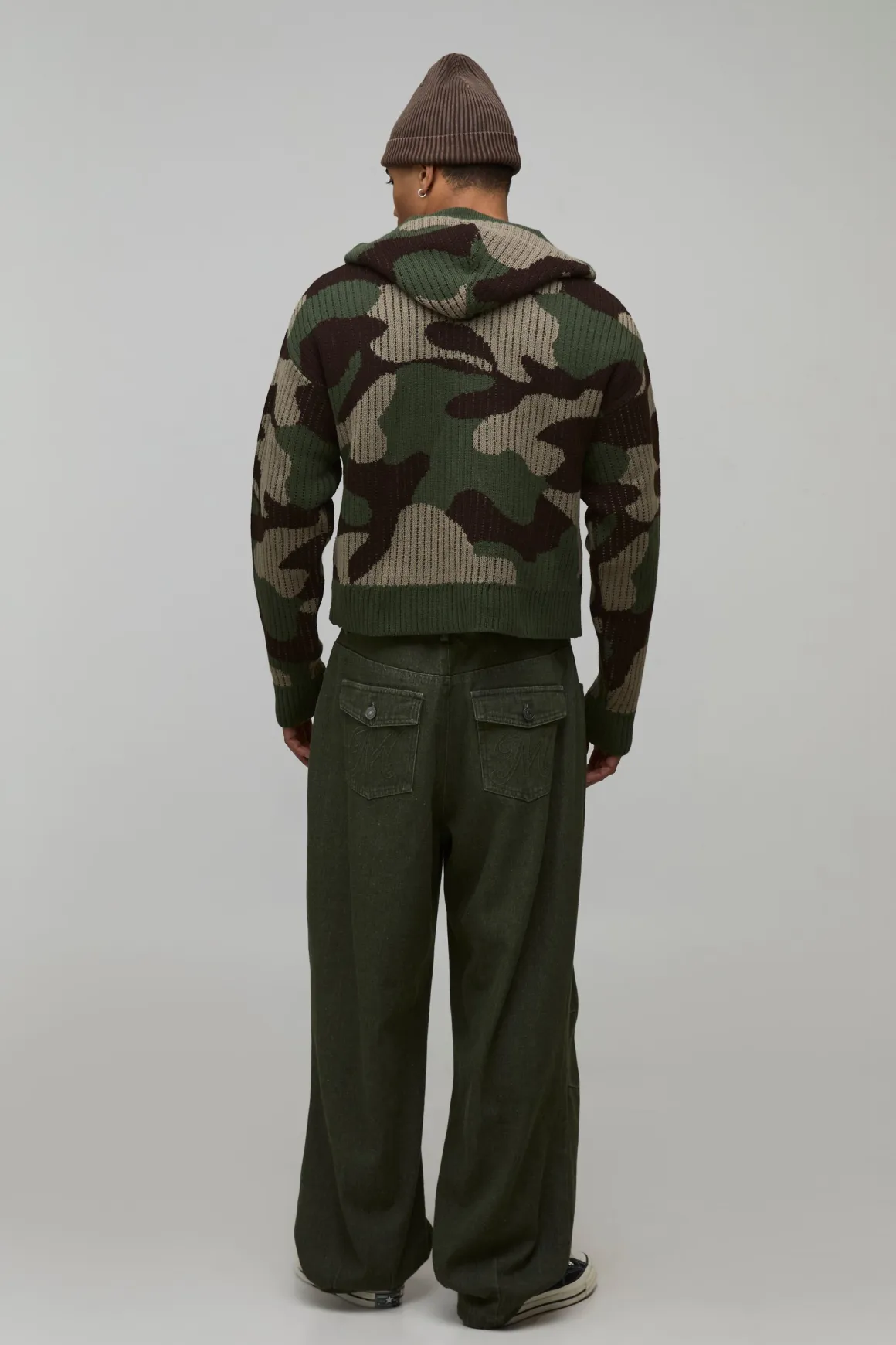 Sweat à Casynthétiqueche Zippé en Maille Côtelée Jacquard Camouflage Coupe Boxy