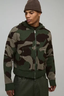 Sweat à Casynthétiqueche Zippé en Maille Côtelée Jacquard Camouflage Coupe Boxy