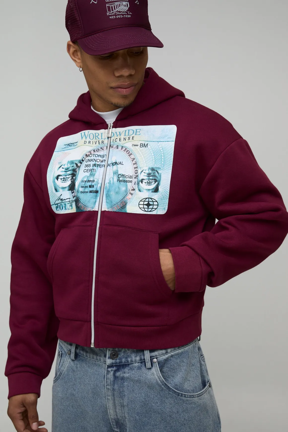 Sweat à Casynthétiqueche Zippé Graphique Licence Coupe Rétrécie Délavé