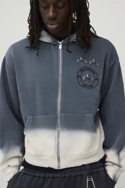 Sweat À Casynthétiqueche Zippé Gothique Oversize Boxy Brodé Effet Délavé Usé