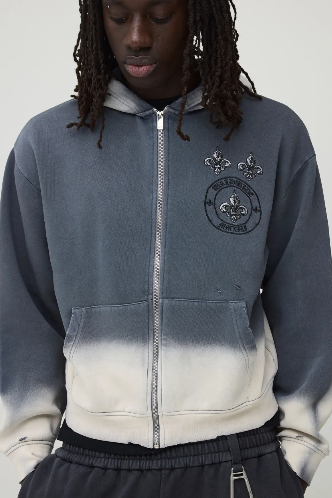 Sweat À Casynthétiqueche Zippé Gothique Oversize Boxy Brodé Effet Délavé Usé
