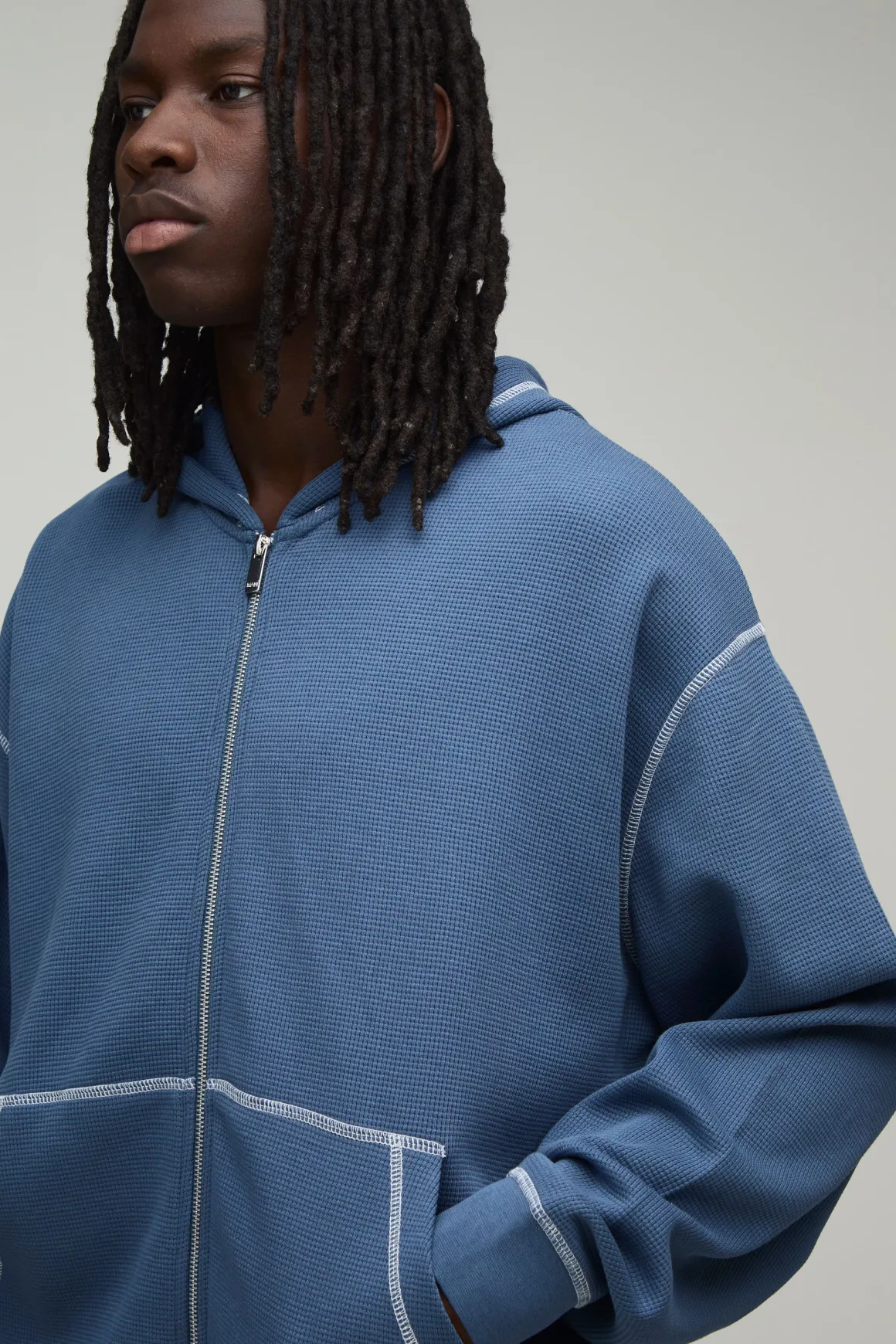 Sweat À Casynthétiqueche Zippé Gaufré Surdimensionné Poids Lourd À Coutures Contrastées