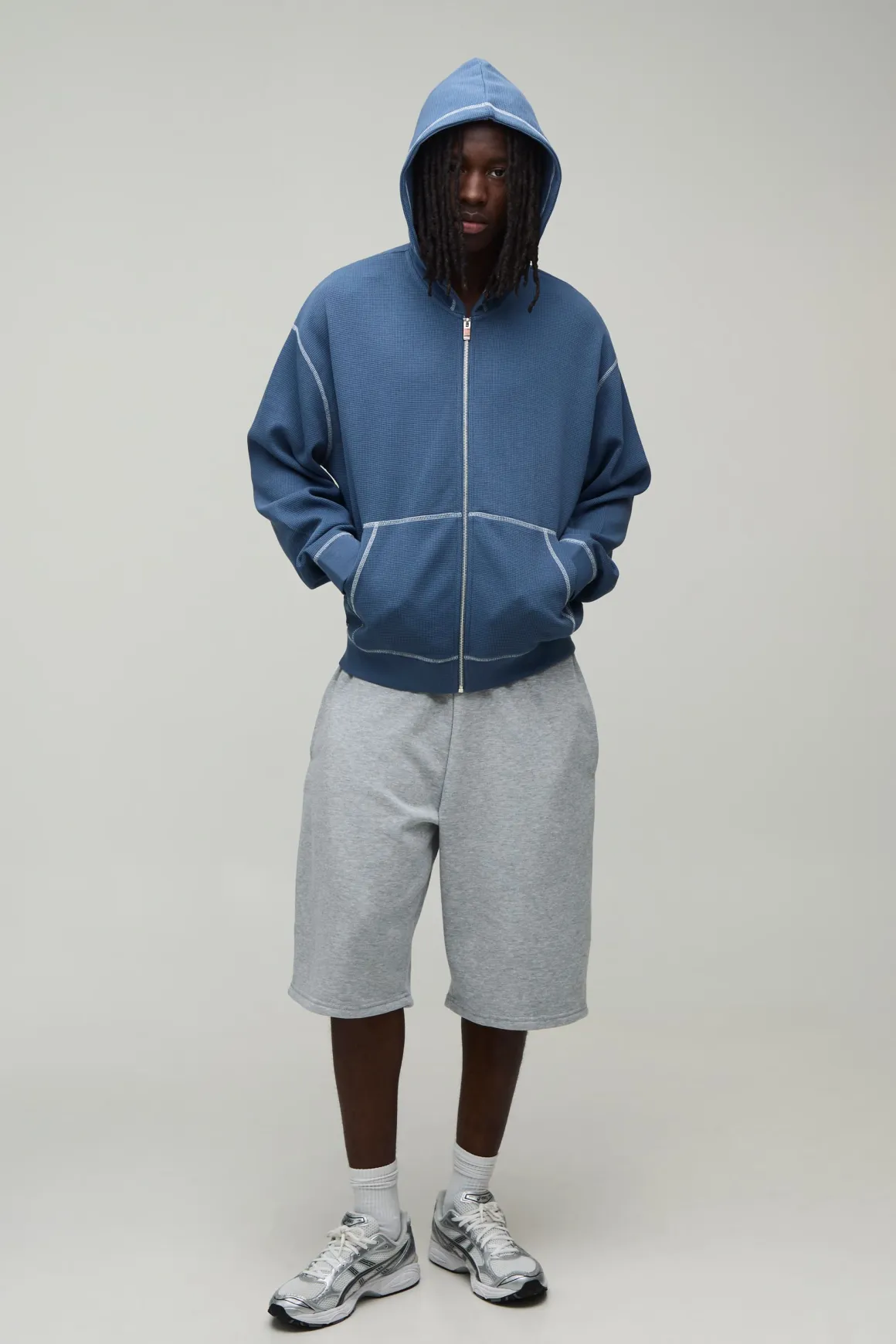 Sweat À Casynthétiqueche Zippé Gaufré Surdimensionné Poids Lourd À Coutures Contrastées