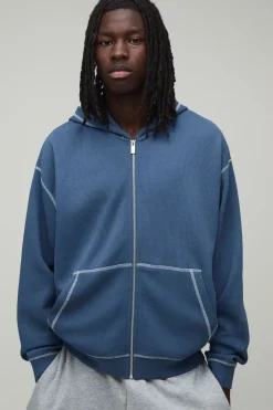 Sweat À Casynthétiqueche Zippé Gaufré Surdimensionné Poids Lourd À Coutures Contrastées