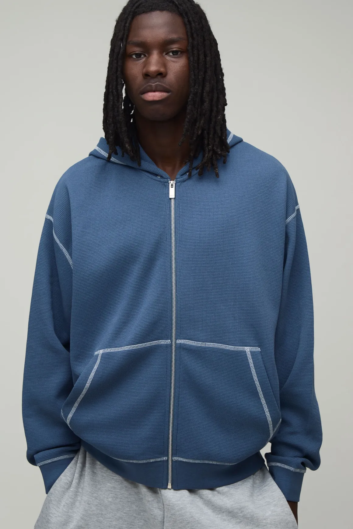 Sweat À Casynthétiqueche Zippé Gaufré Surdimensionné Poids Lourd À Coutures Contrastées