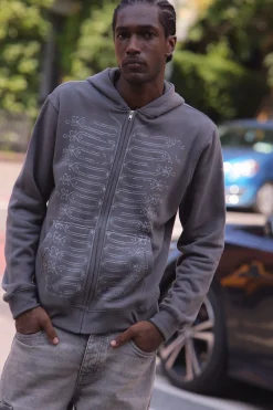 boohooMAN Sweat À Casynthétiqueche Zippé Gris Anthracite Coupe Regular Imprimé Napoléon<Homme Sweats À Capuche Et Sweatshirts|Sweats À Capuche Grande Taille