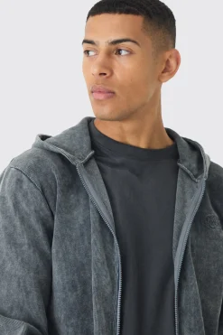 Sweat à Casynthétiqueche Zippé Homme Brodé Coupe Regular en Côtes Lavées