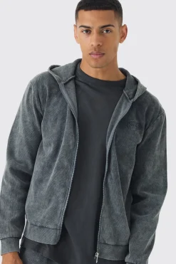 Sweat à Casynthétiqueche Zippé Homme Brodé Coupe Regular en Côtes Lavées