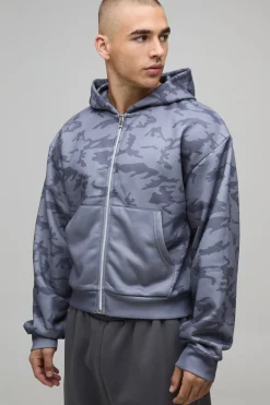 boohooMAN Sweat à Casynthétiqueche Zippé Imprimé Camouflage Coupe Ajustée<Homme Sweats À Capuche Et Sweatshirts|Sweats À Capuche Et Sweats