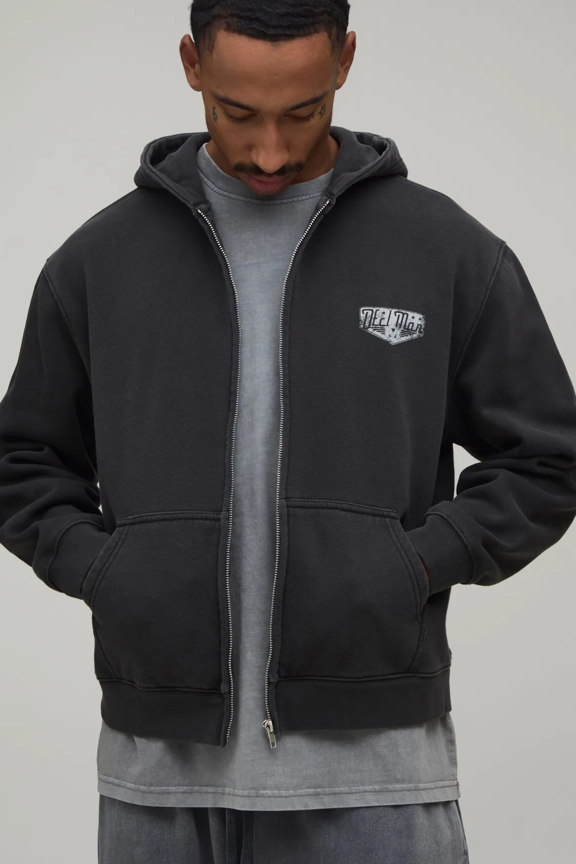 Sweat À Casynthétiqueche Zippé Moto Oversize Boxy Effet Délavé