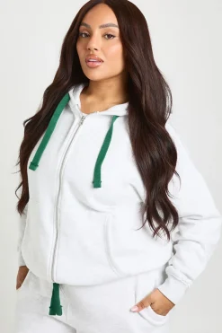Sweat à Casynthétiqueche Zippé Oversize Grande Taille avec Cordon de Serrage Contrasté