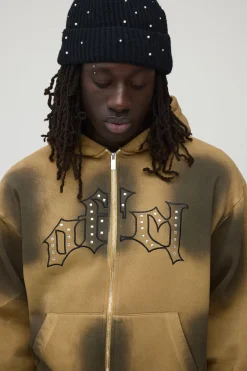 Sweat À Casynthétiqueche Zippé Oversize Boxy Gothique Orné Finition Délavée Sale