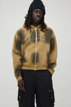 Sweat À Casynthétiqueche Zippé Oversize Boxy Gothique Orné Finition Délavée Sale