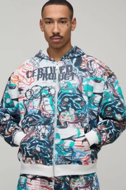 Sweat À Casynthétiqueche Zippé Oversize Ample À Imprimé Graffiti Intégral