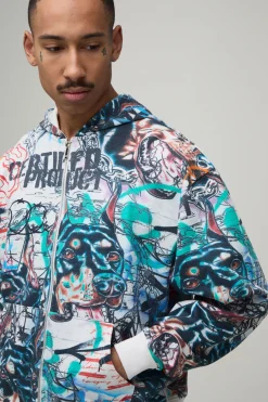 Sweat À Casynthétiqueche Zippé Oversize Ample À Imprimé Graffiti Intégral