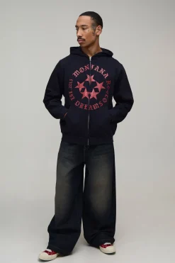 Sweat À Casynthétiqueche Zippé Oversize Boxy Imprimé Étoile Rodéo Bleu Marine