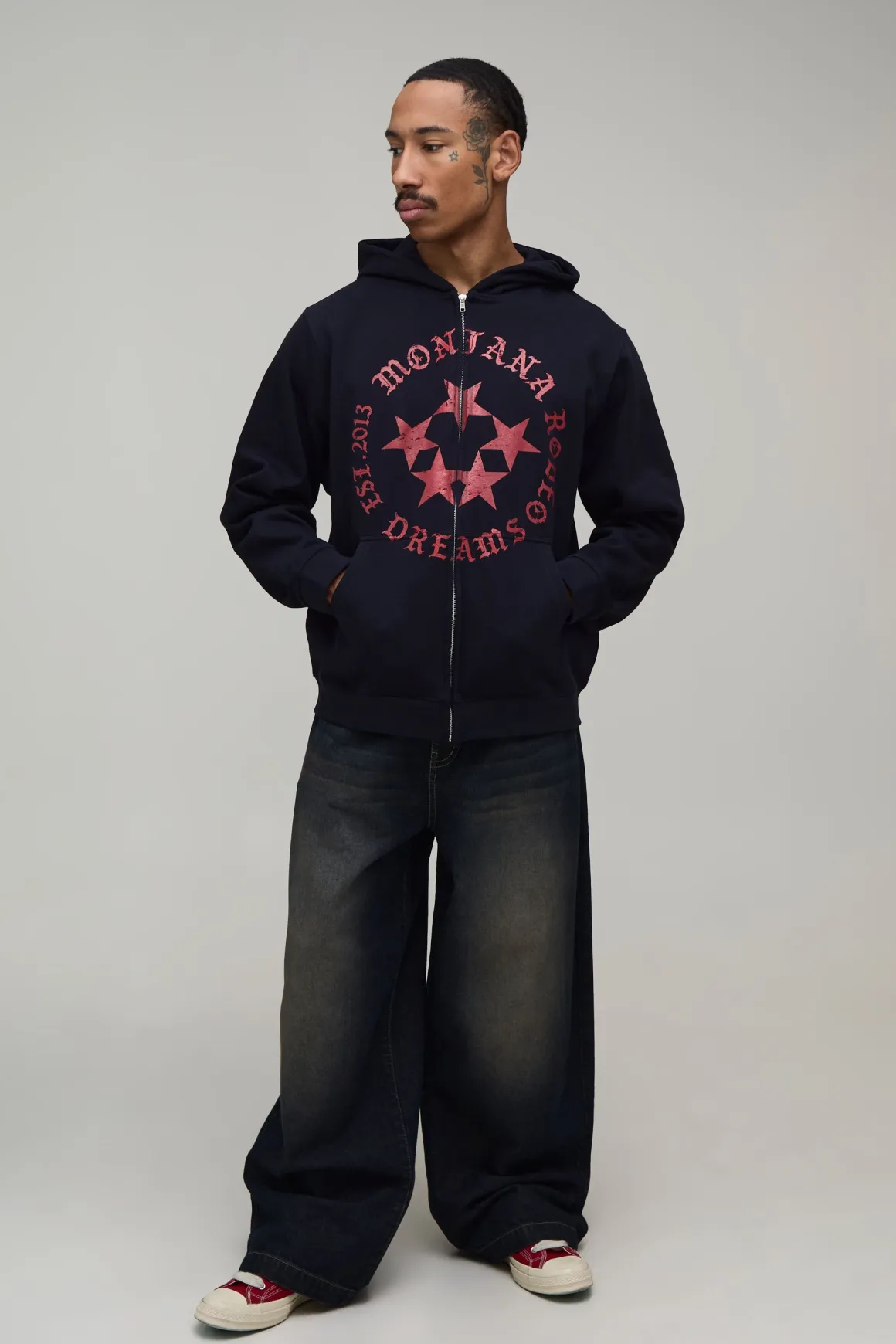Sweat À Casynthétiqueche Zippé Oversize Boxy Imprimé Étoile Rodéo Bleu Marine