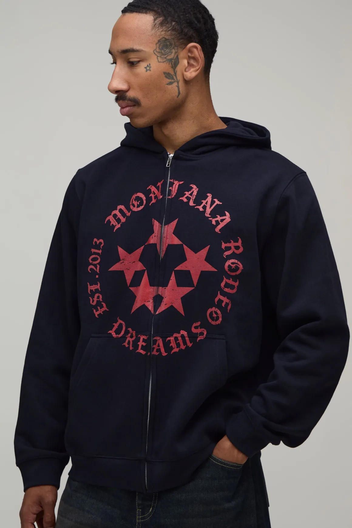Sweat À Casynthétiqueche Zippé Oversize Boxy Imprimé Étoile Rodéo Bleu Marine