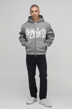 boohooMAN Sweat À Casynthétiqueche Zippé Oversize Boxy Imprimé Graffiti Bhm En Scuba Contrecollé<Homme Sweats À Capuche Et Sweatshirts|Sweats À Capuche Et Sweats