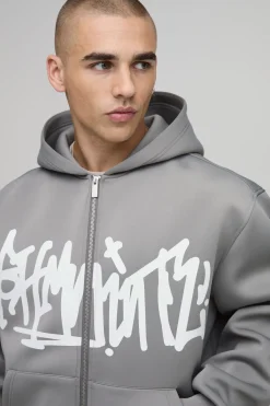 boohooMAN Sweat À Casynthétiqueche Zippé Oversize Boxy Imprimé Graffiti Bhm En Scuba Contrecollé<Homme Sweats À Capuche Et Sweatshirts|Sweats À Capuche Et Sweats