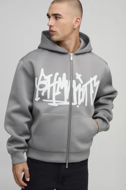 boohooMAN Sweat À Casynthétiqueche Zippé Oversize Boxy Imprimé Graffiti Bhm En Scuba Contrecollé<Homme Sweats À Capuche Et Sweatshirts|Sweats À Capuche Et Sweats