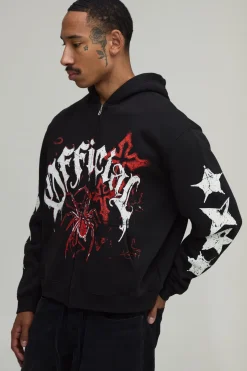 Sweat À Casynthétiqueche Zippé Oversize Boxy Noir Avec Imprimé Araignée Griffonné