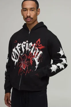Sweat À Casynthétiqueche Zippé Oversize Boxy Noir Avec Imprimé Araignée Griffonné