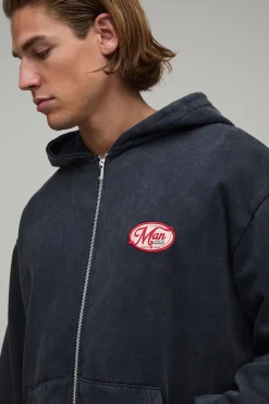 boohooMAN Sweat À Casynthétiqueche Zippé Oversize Homme Avec Appliqué Effet Délavé<Homme Sweats À Capuche Et Sweatshirts|Sweats À Capuche Et Sweats