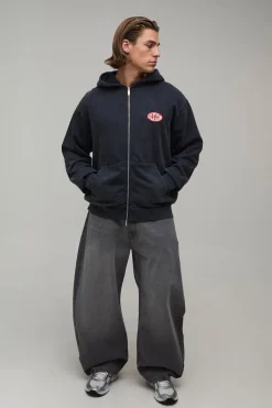 boohooMAN Sweat À Casynthétiqueche Zippé Oversize Homme Avec Appliqué Effet Délavé<Homme Sweats À Capuche Et Sweatshirts|Sweats À Capuche Et Sweats