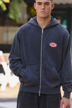 boohooMAN Sweat À Casynthétiqueche Zippé Oversize Homme Avec Appliqué Effet Délavé<Homme Sweats À Capuche Et Sweatshirts|Sweats À Capuche Et Sweats