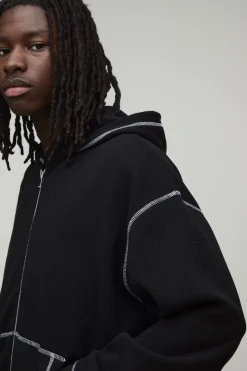 boohooMAN Sweat À Casynthétiqueche Zippé Oversize En Maille Gauffrée Épaisse Avec Surpiqûres Contrastées<Homme Sweats À Capuche Et Sweatshirts|Sweats À Capuche Et Sweats
