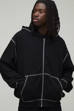 boohooMAN Sweat À Casynthétiqueche Zippé Oversize En Maille Gauffrée Épaisse Avec Surpiqûres Contrastées<Homme Sweats À Capuche Et Sweatshirts|Sweats À Capuche Et Sweats