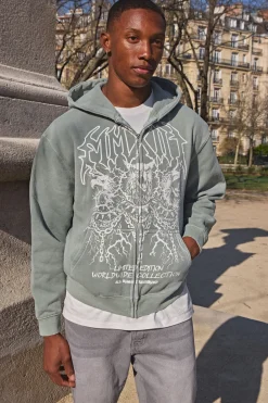 boohooMAN Sweat À Casynthétiqueche Zippé Oversize Boxy Imprimé Aigle Délavé<Homme Sweats À Capuche Et Sweatshirts|Sweats À Capuche Et Sweats