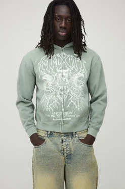 boohooMAN Sweat À Casynthétiqueche Zippé Oversize Boxy Imprimé Aigle Délavé<Homme Sweats À Capuche Et Sweatshirts|Sweats À Capuche Et Sweats