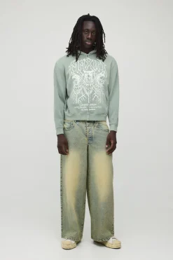 boohooMAN Sweat À Casynthétiqueche Zippé Oversize Boxy Imprimé Aigle Délavé<Homme Sweats À Capuche Et Sweatshirts|Sweats À Capuche Et Sweats