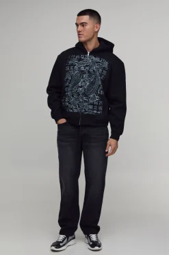 Sweat À Casynthétiqueche Zippé Oversize Épais Noir Avec Motif Carpe Koï Dessiné Au Trait