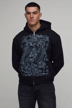 Sweat À Casynthétiqueche Zippé Oversize Épais Noir Avec Motif Carpe Koï Dessiné Au Trait