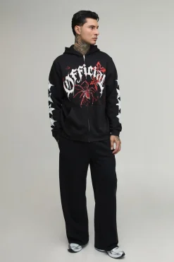 Sweat À Casynthétiqueche Zippé Oversize Noir Avec Imprimé Araignée Griffonné Pour Grand