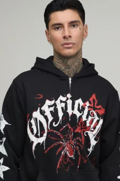 Sweat À Casynthétiqueche Zippé Oversize Noir Avec Imprimé Araignée Griffonné Pour Grand