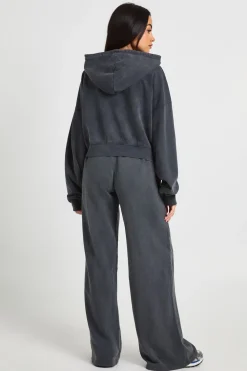 Sweat à Casynthétiqueche Zippé Oversize Délavé à Manches Bouffantes et Coupe Boxy
