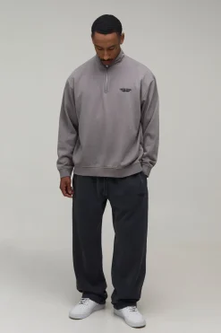 Sweat Col Montant Zippé 1/4 Oversize Édition Limitée Effet Délavé Texte En Relief