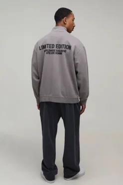 Sweat Col Montant Zippé 1/4 Oversize Édition Limitée Effet Délavé Texte En Relief
