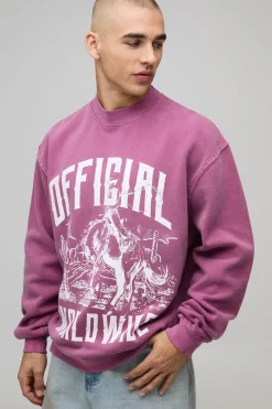 Sweat-shirt bordeaux délavé, surdimensionné, coupe boxy, à imprimé western et col allongé.