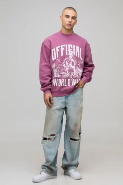 Sweat-shirt bordeaux délavé, surdimensionné, coupe boxy, à imprimé western et col allongé.